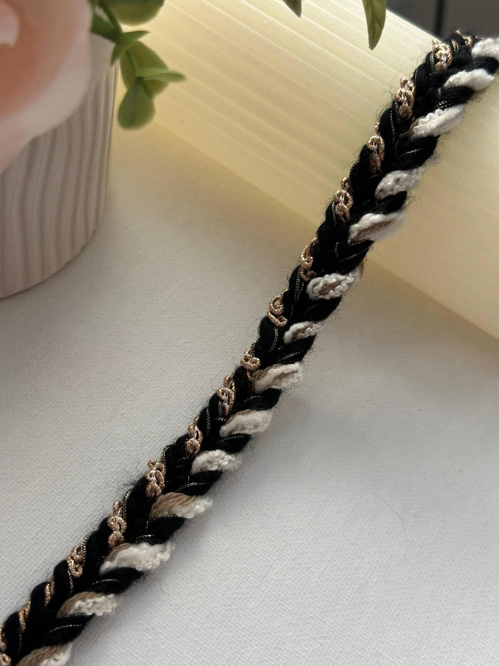 3Yds Non-Stretch 0.6" Black Off-White Gold Braided Tweed Ribbon Trim Wholesale