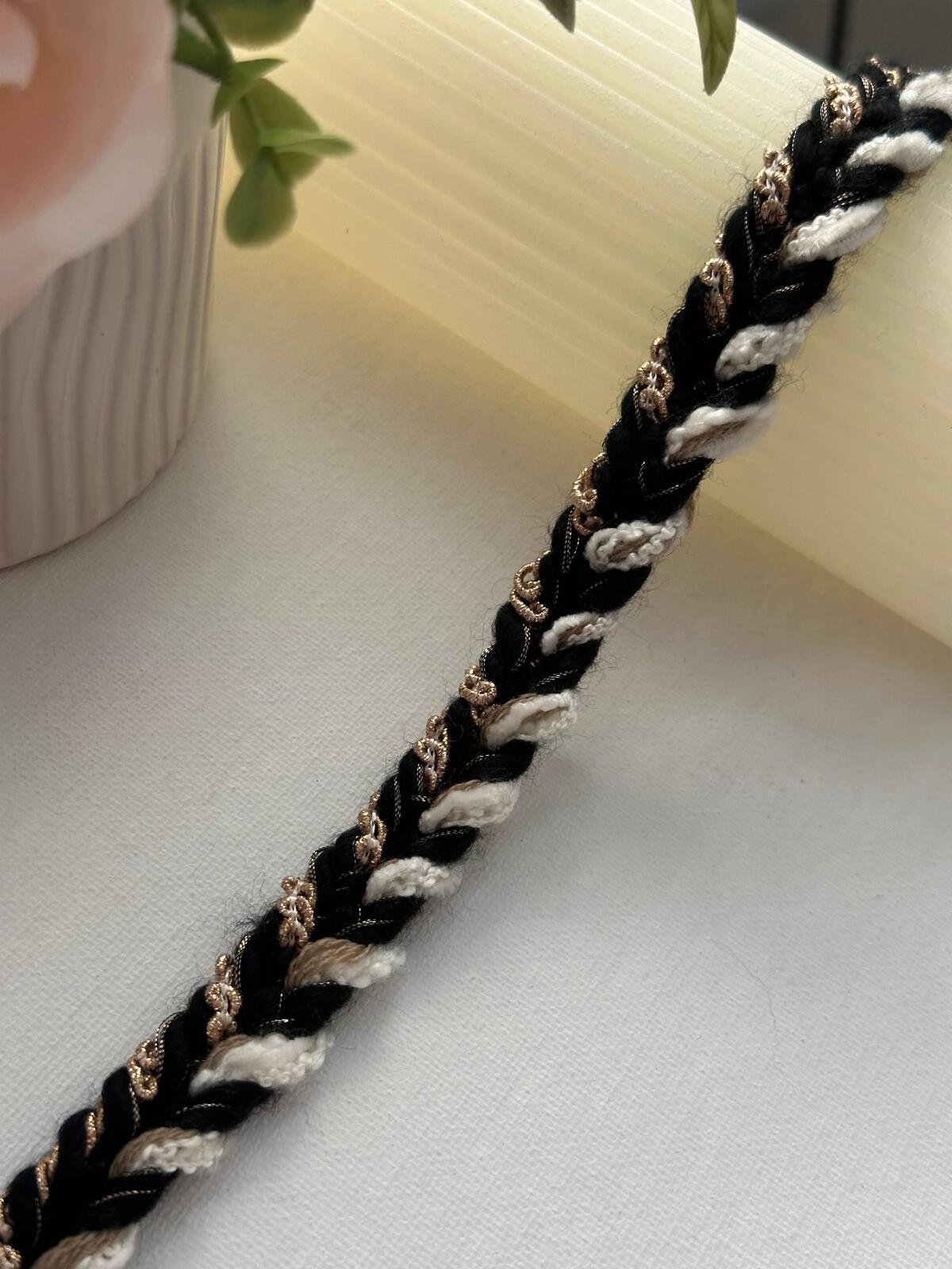 3Yds Non-Stretch 0.6" Black Off-White Gold Braided Tweed Ribbon Trim Wholesale