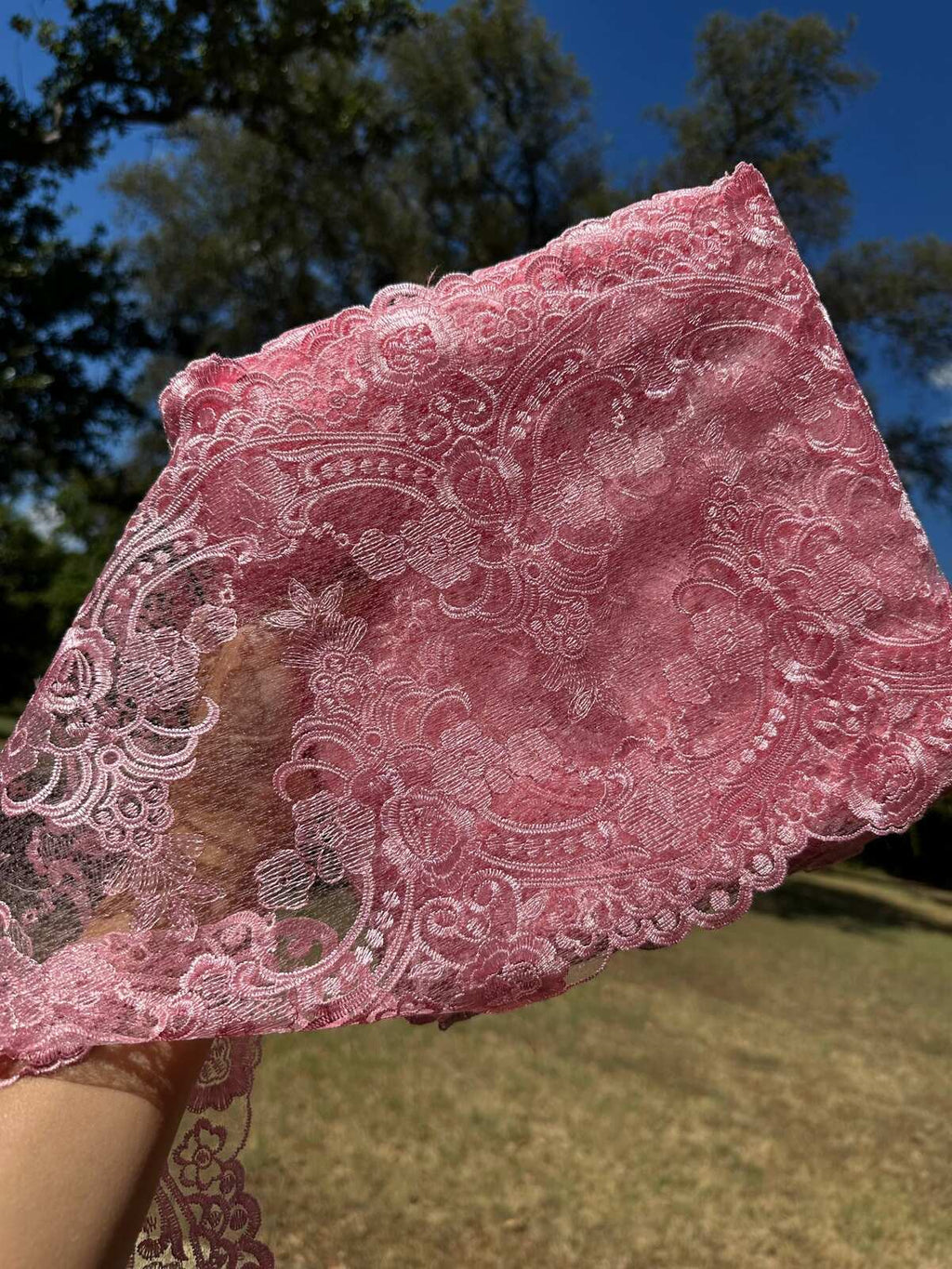 1Yd Non-Stretch 9" Rose Pink Mesh Floral Lace Trim, Coquette Vintage DIY Sewing