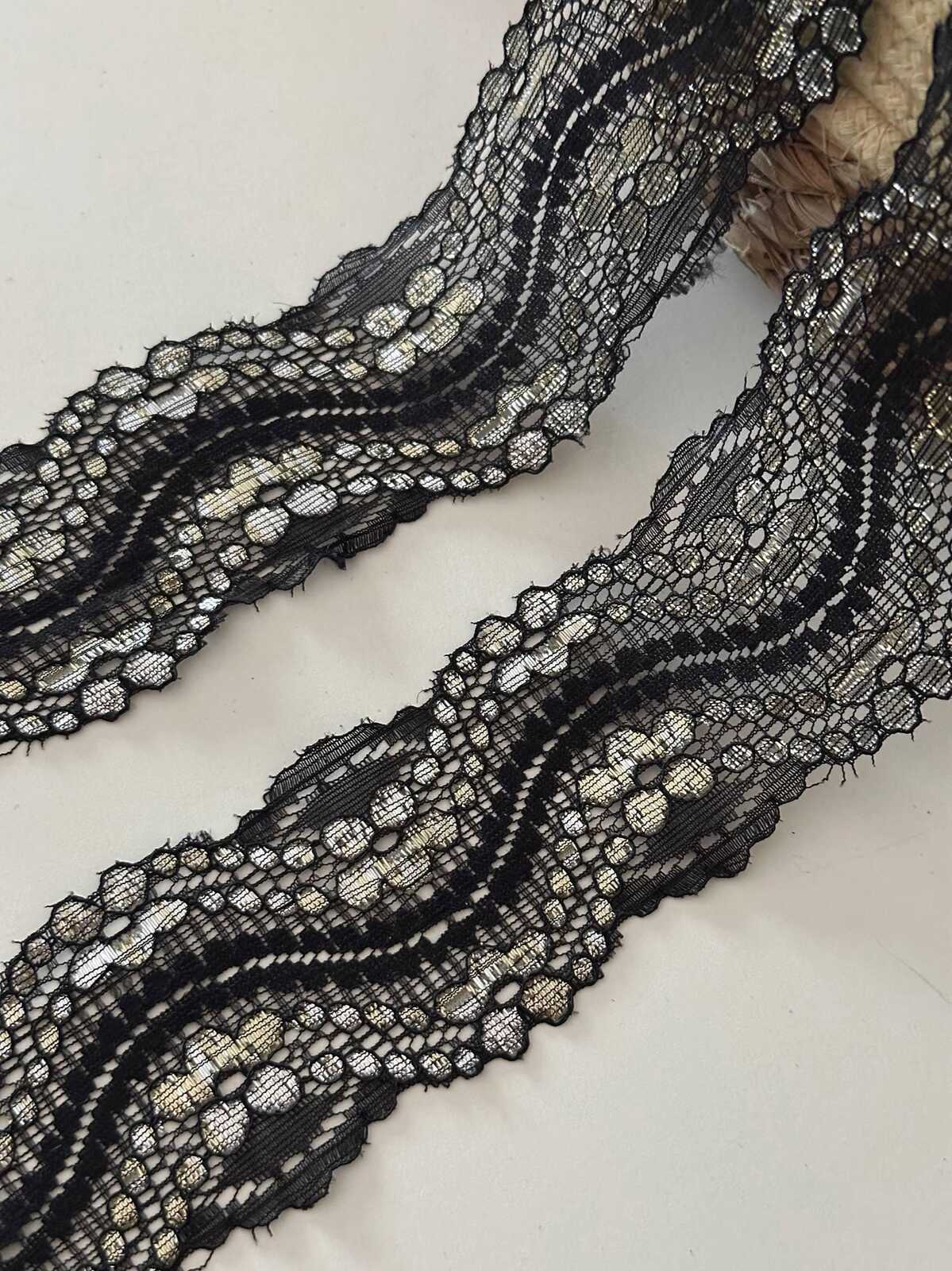10yds Black Gold Metallic Lace Trim, 2" Rigid Ribbon, Bulk Clearance Coquette Y2K Lace, Garment Trim, DIY Sewing, Retail Wholesale
