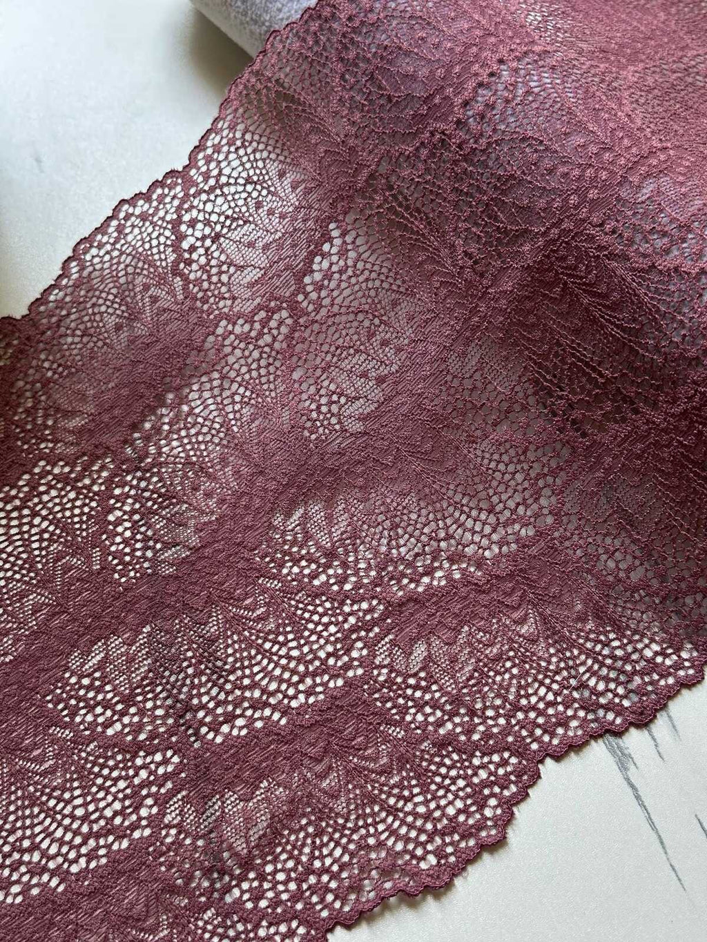 Soft Dusty Plum Rose Wide Stretch Lace Trim by the Yard, Floral Scalloped Elastic Ribbon, 7.5", Retail Wholesale Bulk