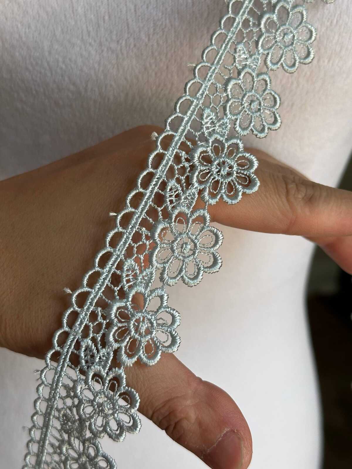 Sage Green Beading Daisies Venetian Guipure Chemical Water Soluble Lace Trim Ribbon Insertable Openwork Scalloped Edge Border Crafts, 1.25"