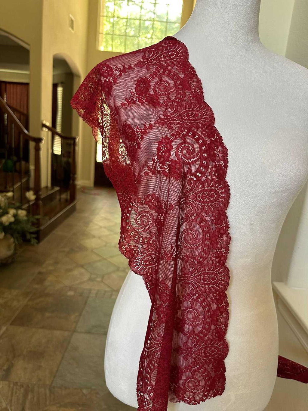 7.5" Burgundy Stretch Lace Trim Wide Wine Red Floral Elastic Galloon Scalloped Edge Lace for Lingerie Underwear Garment Sewing Crafts