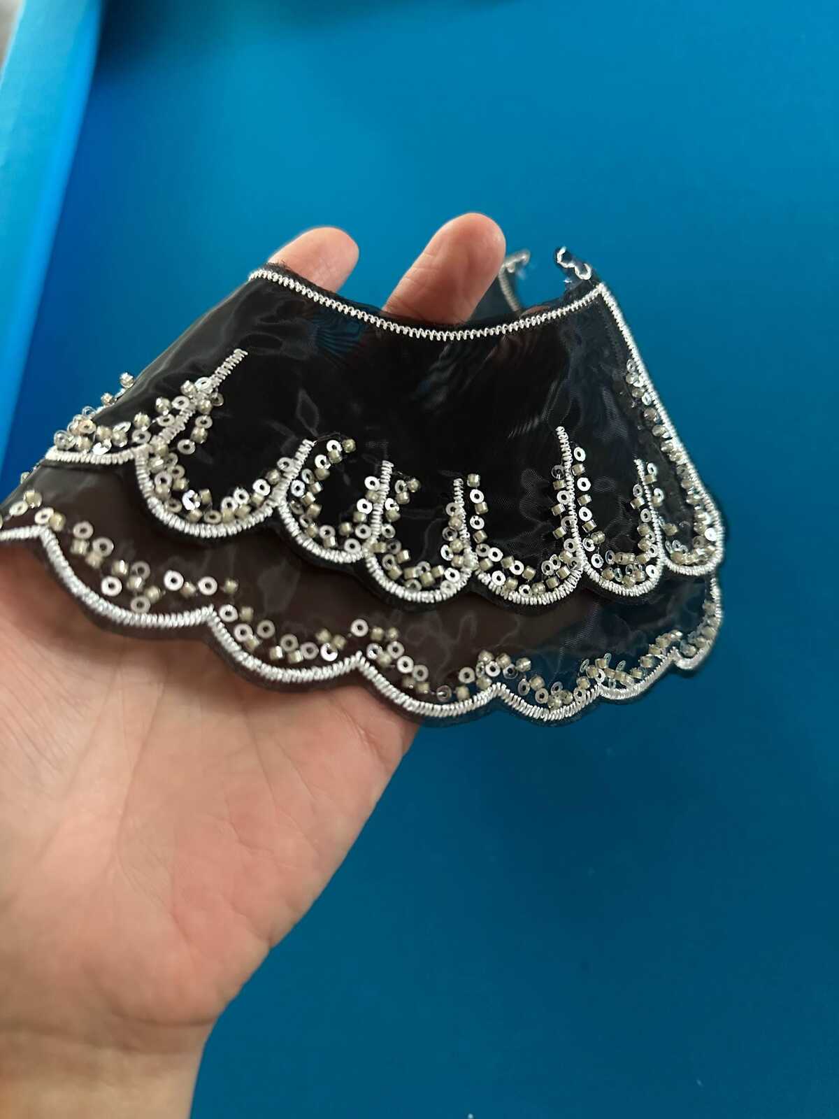1Pc Handmade Beaded Organza Collar Applique, Black Sequin Lace Trim Wholesale