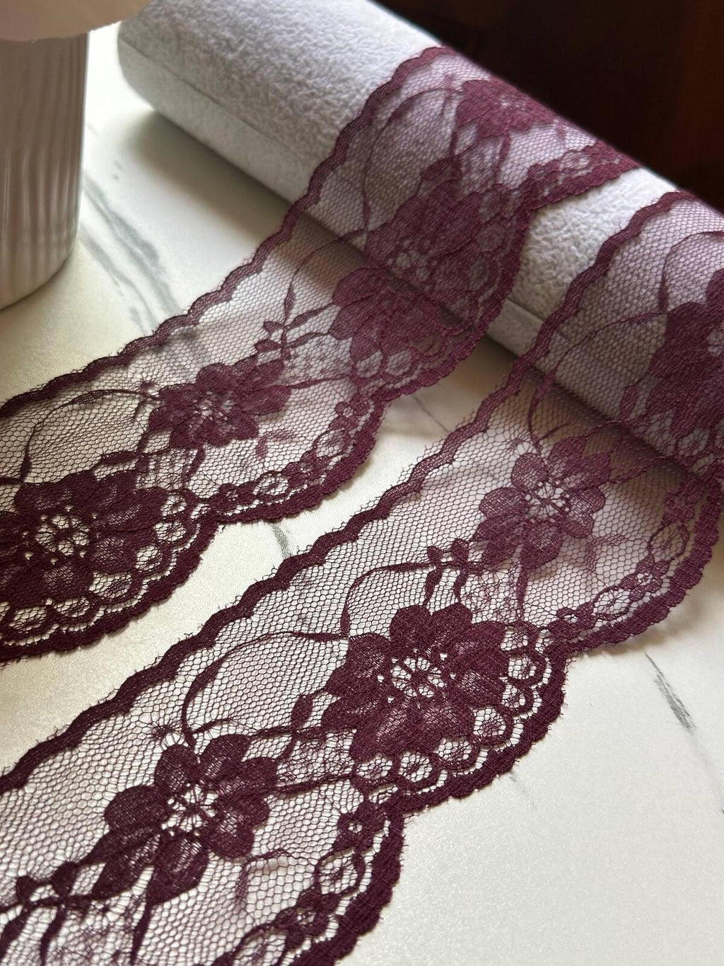 10yds Burgundy Floral Lace Trim by Yard, Non Stretch Drape Ribbon, Soft Skin Friendly Coquette Craft Supply, 2", Retail Wholesale Bulk