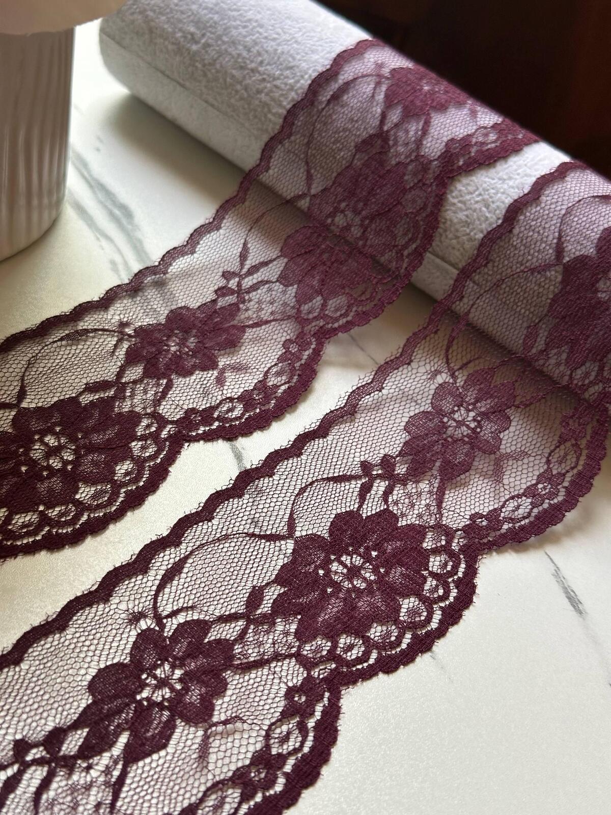 10yds Burgundy Floral Lace Trim by Yard, Non Stretch Drape Ribbon, Soft Skin Friendly Coquette Craft Supply, 2", Retail Wholesale Bulk