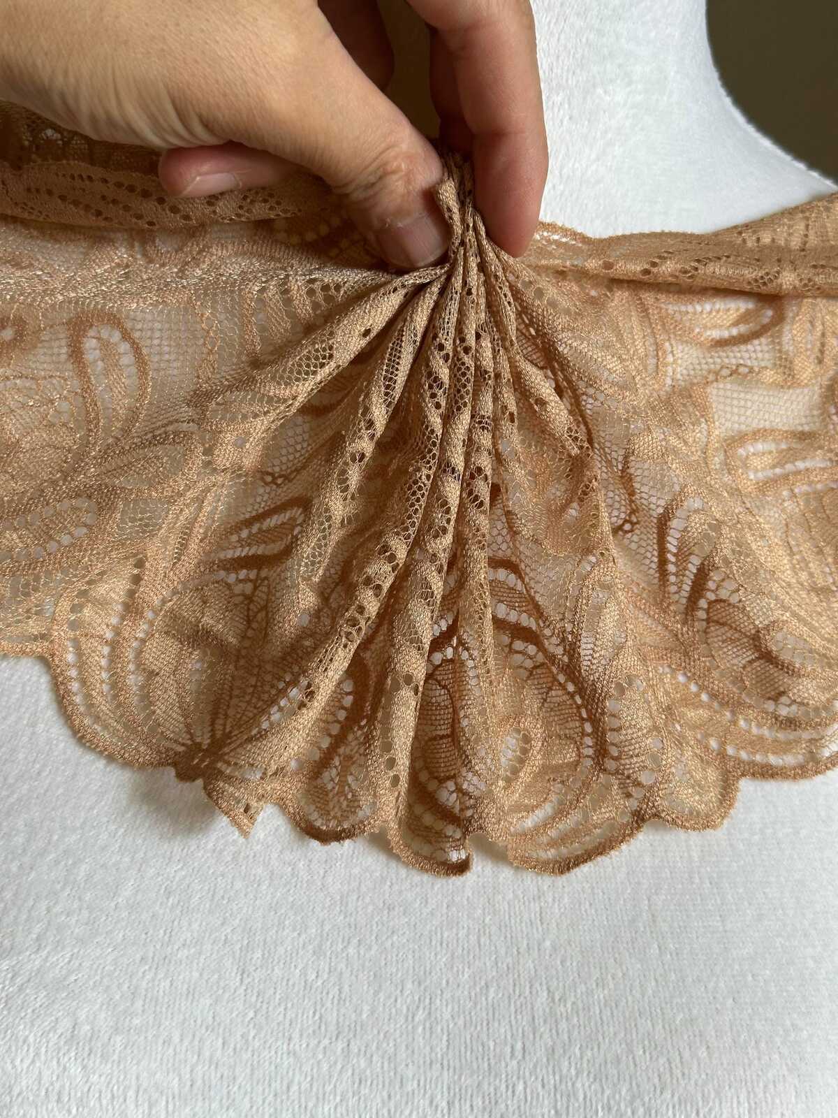 5yds  5" Champagne Gold Stretch Lace Trim Wide Nude Elastic Galloon Scalloped Edge Floral Ribbon for Lingerie Underwear Garment Sewing