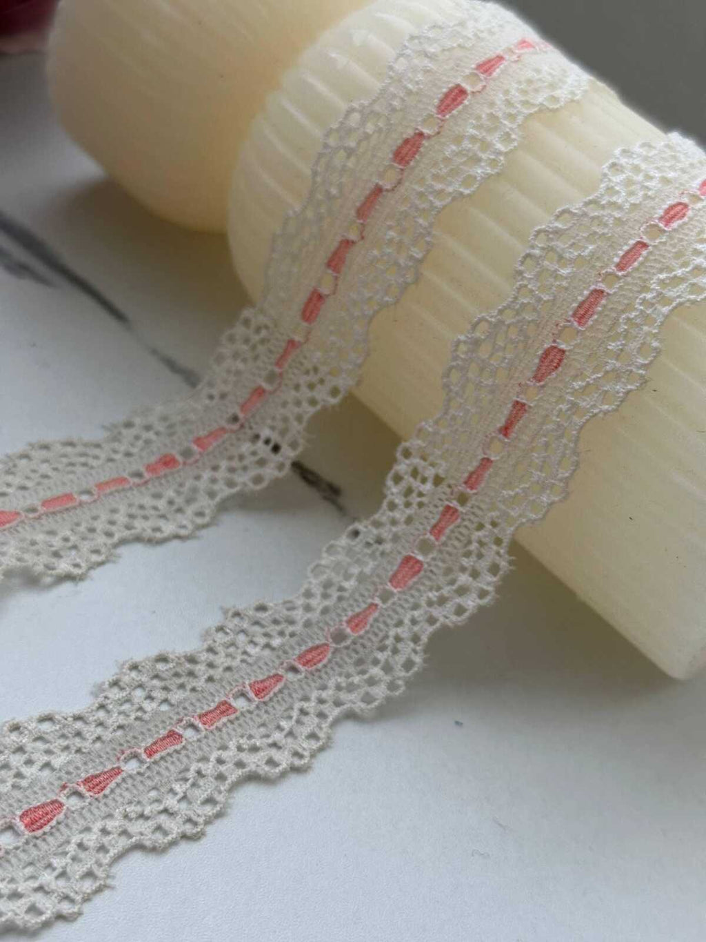 10Yds Stretch 1" Off-White Pink Faux Beading Ribbon Stretch Lace Wholesale