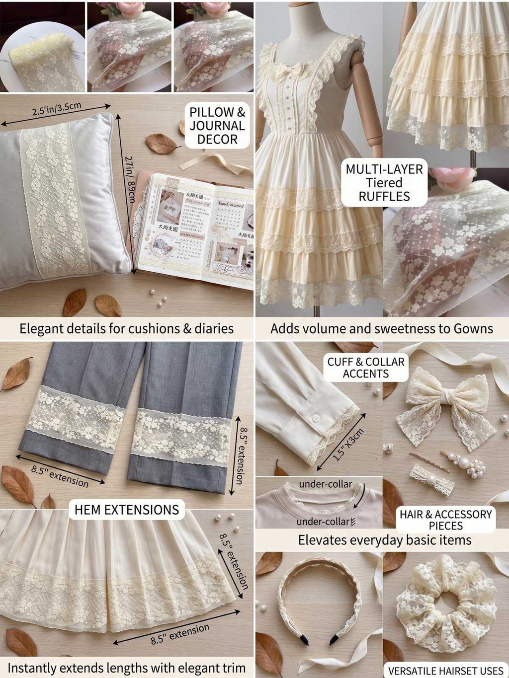 Lemon Cream Floral Stretch Lace Trim for Large Scrunchies Corset Gowns, Symmetrical Double Edge Extra Wide Galloon Elastic Ribbon, 8.5"