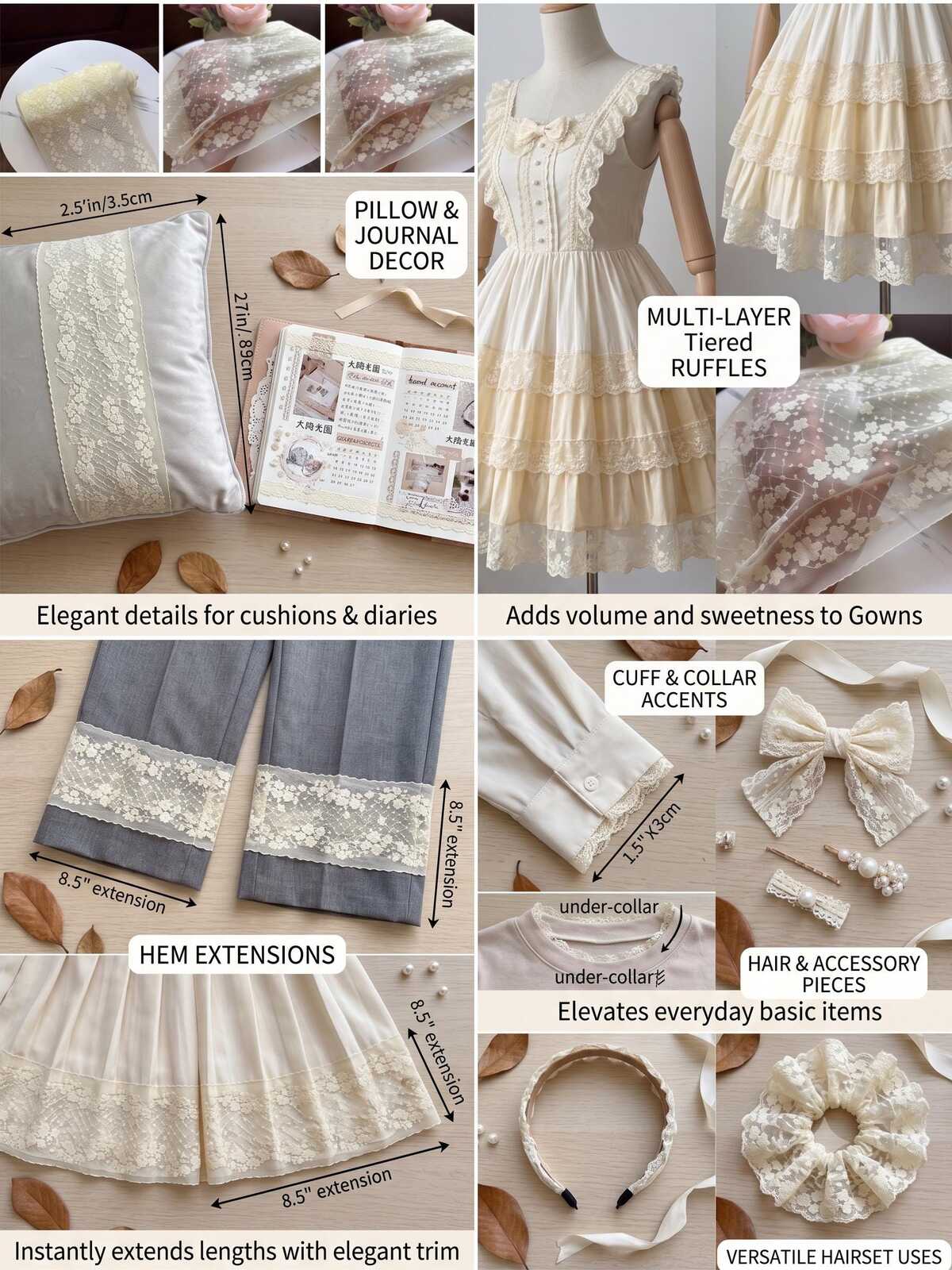 Lemon Cream Floral Stretch Lace Trim for Large Scrunchies Corset Gowns, Symmetrical Double Edge Extra Wide Galloon Elastic Ribbon, 8.5"