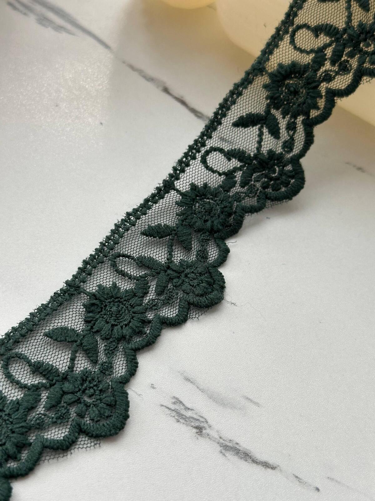 6Yds Non-Stretch 1.5" Dark Forest Green Cotton Embroidered Mesh Lace Trim