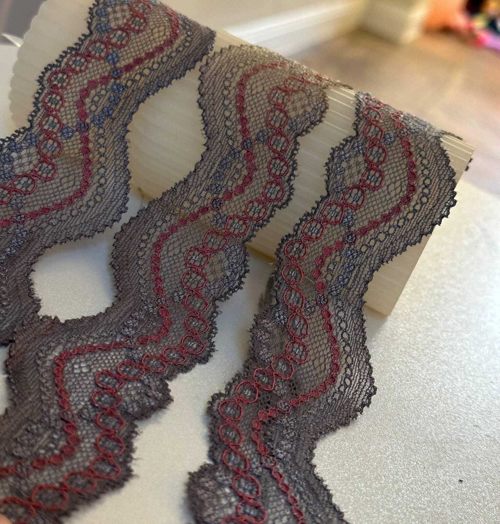 10yds Two Tone Charcoal & Rusty Red Stretch Scalloped Wavy Lace Trim for Lingerie Crafts Sewing, 1.5" Retail Wholesale