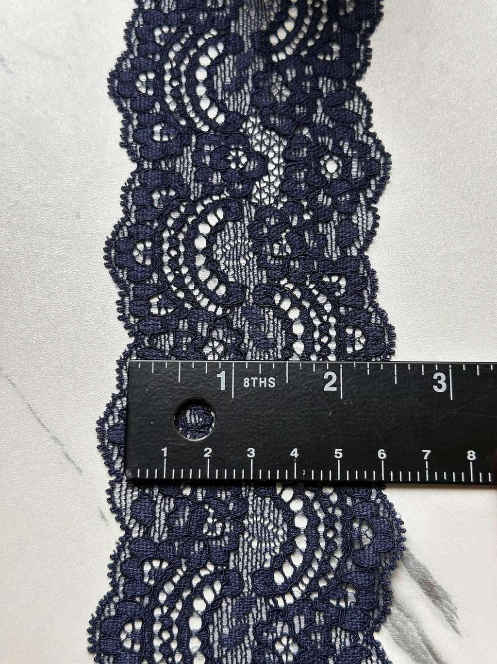 Deep Navy Blue Floral Stretch Elastic Lace Trim Symmetrical Double Scalloped Wide Galloon Ribbon for Lingerie Underwear Crafts, 2.35"