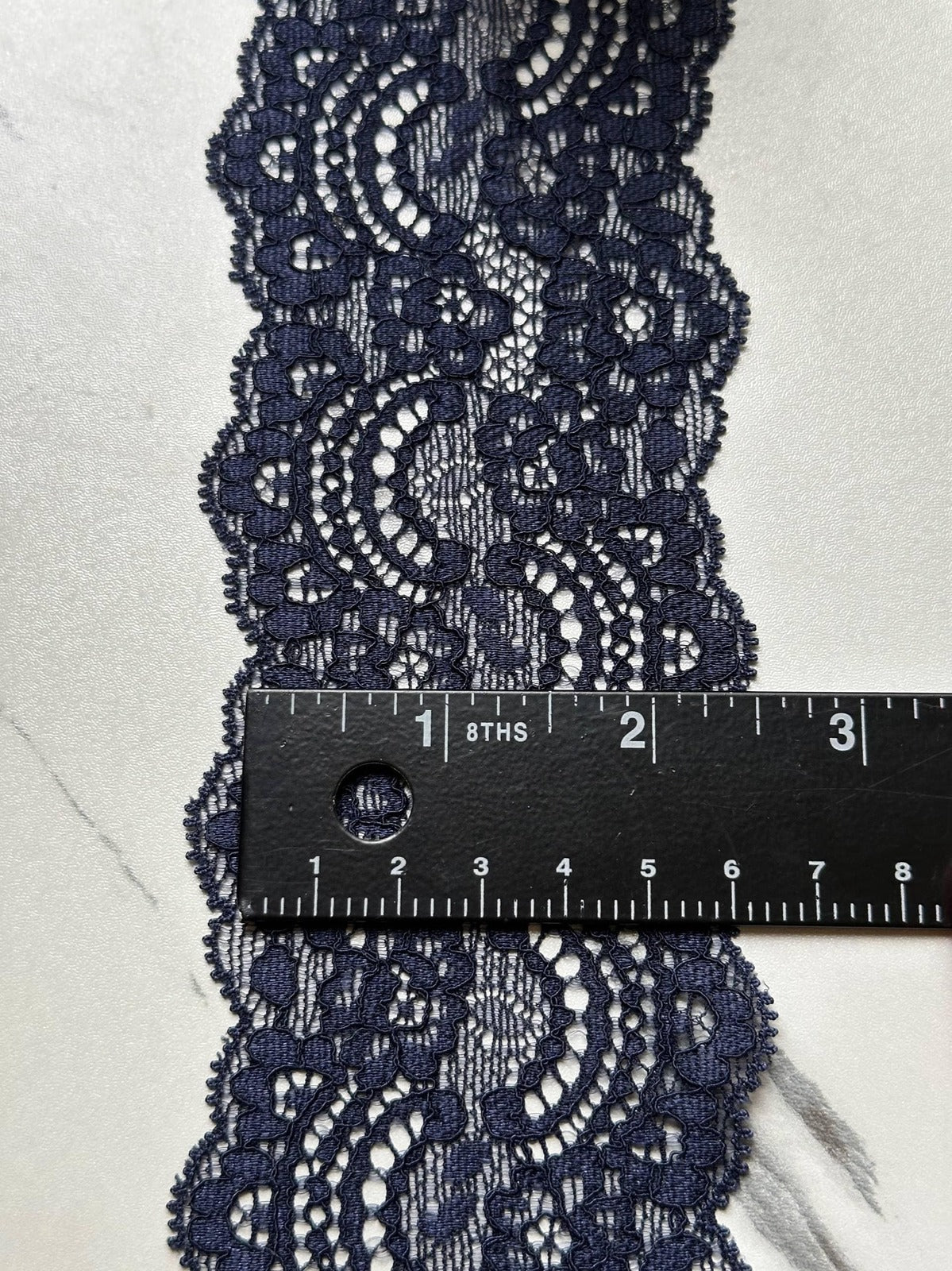 Deep Navy Blue Floral Stretch Elastic Lace Trim Symmetrical Double Scalloped Wide Galloon Ribbon for Lingerie Underwear Crafts, 2.35"