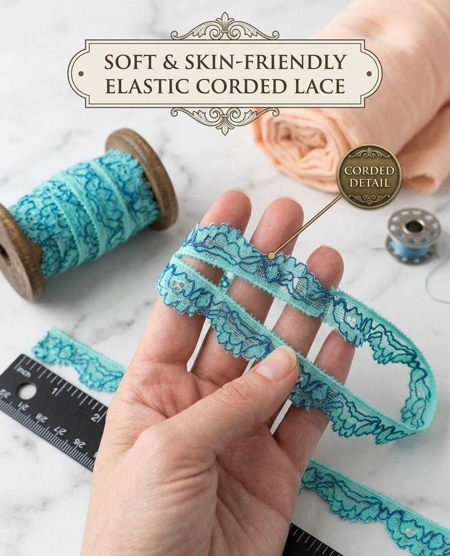 10 yard 0.5" Mint Green and Navy Blue Stretch Lace Trim, 0.5 Inch Delicate Stretchy Scalloped Lace Ribbon for Lingerie, Sewing
