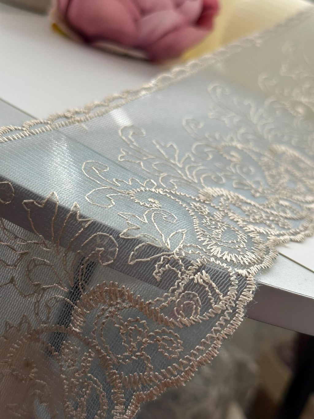 1Yd Non-Stretch 3.7" Dusty Blue Beige Embroidered Floral Mesh Lace Wholesale