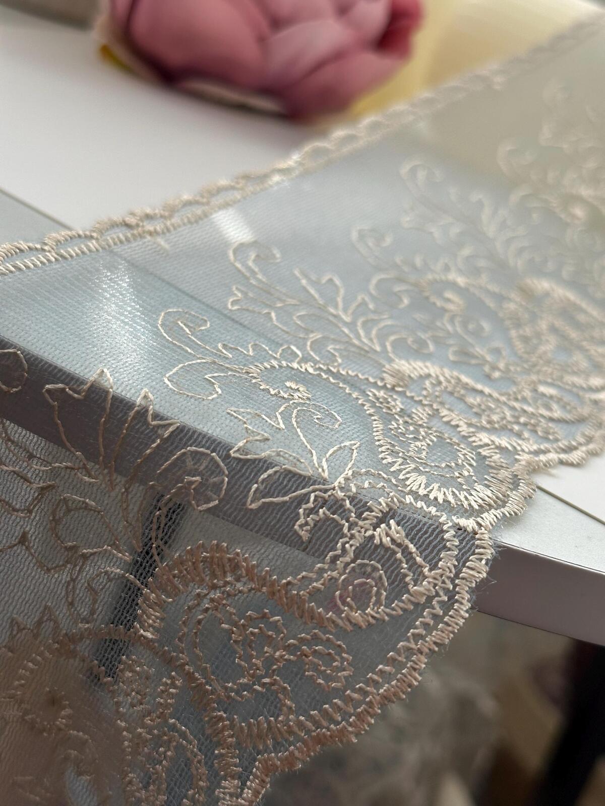 1Yd Non-Stretch 3.7" Dusty Blue Beige Embroidered Floral Mesh Lace Wholesale