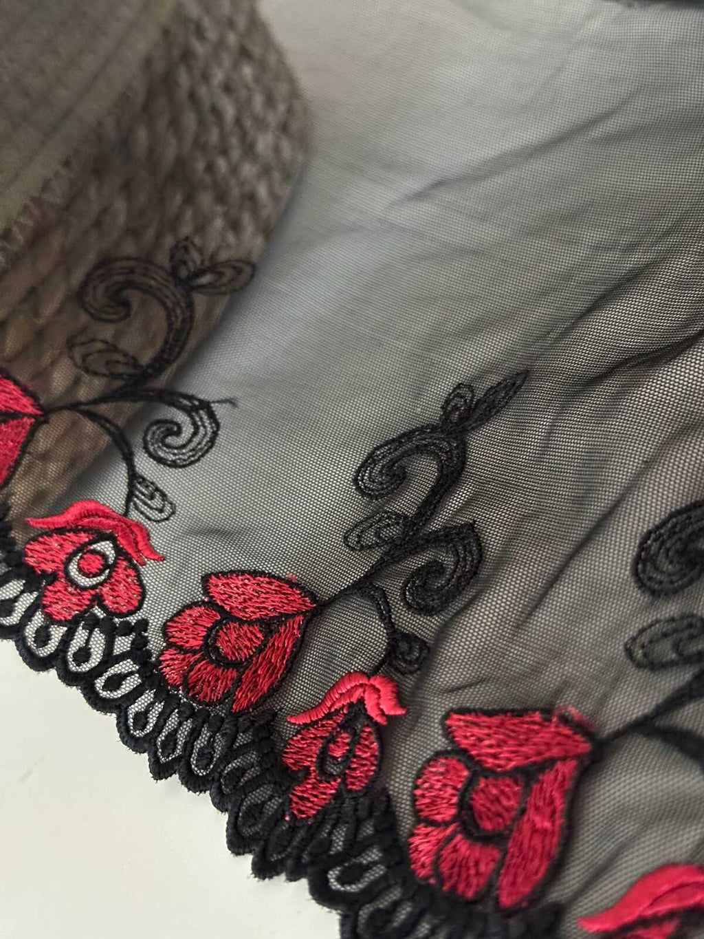 7.5"  Red Black Embroidered Soft Mesh Lace, Wide Ribbon, Bulk Clearance Coquette Y2K Lace, Lingerie, DIY Sewing, Retail Wholesale