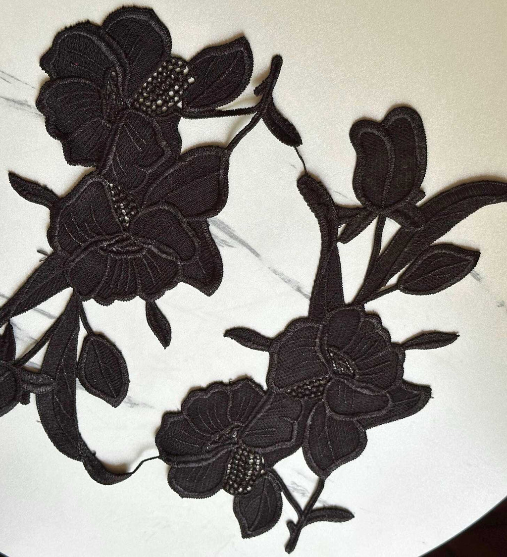 Onyx Black Floral Guipure Lace Applique Motif, Symmetrical Embroidered Flower Patches Pair for Shoulder Mirror Dress Sewing, 10"x4"