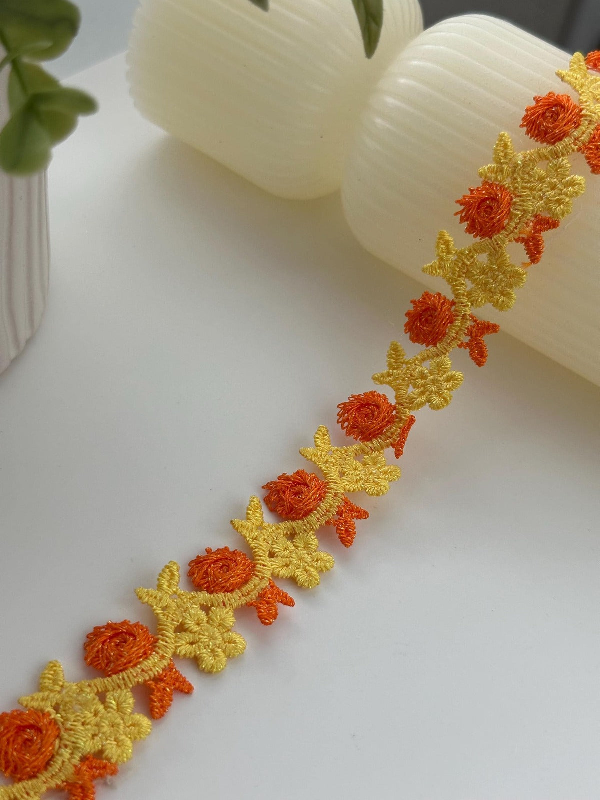 3Yds Non-Stretch 0.8" Yellow Orange 3D Rose Flower Embroidered Lace Wholesale