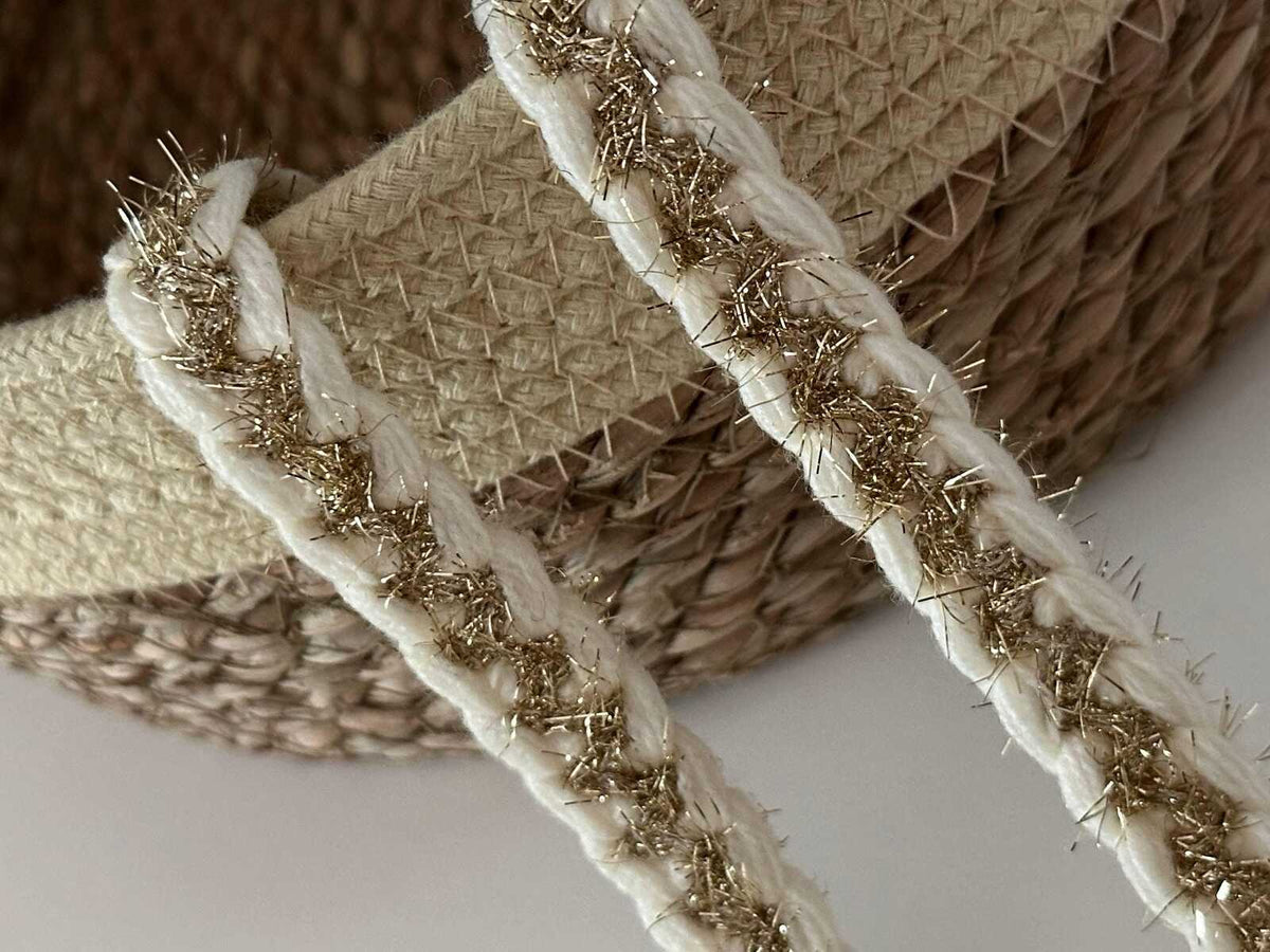 10yds Cream Gold Braided Trim, 0.5" Metallic Ribbon, Bulk Clearance Coquette Y2K Lace, Tweed Trim, DIY Sewing, Retail Wholesale