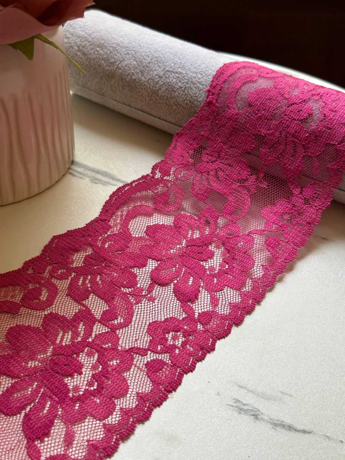 Magenta Fuchsia Pink Floral Non Stretch Lace Trim by the Yard, Wide Scalloped Galloon Ribbon for Bridal Apparel Crafts, 3.9"