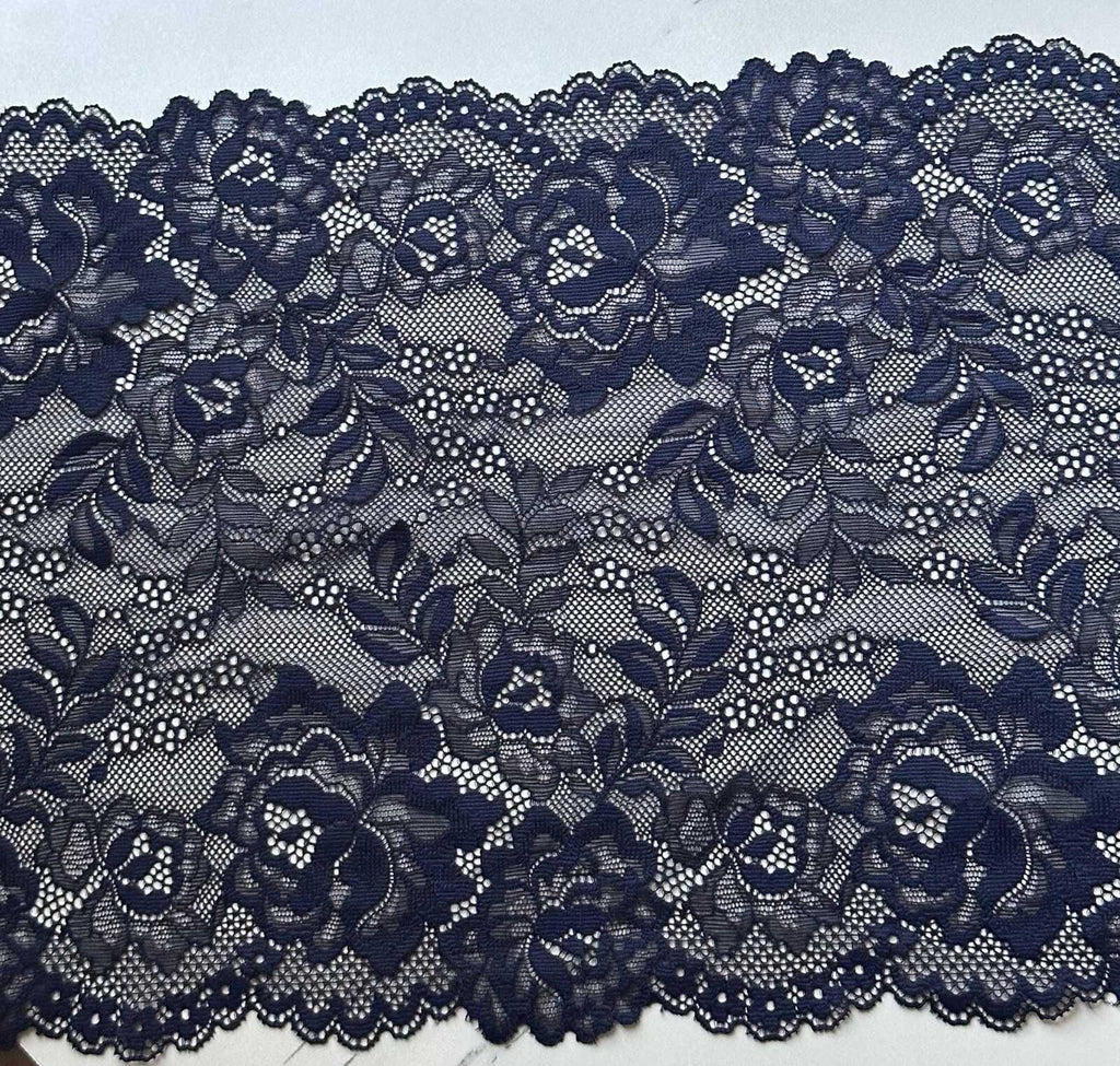 Navy Blue Floral Stretch Lace Trim by the Yard, Extra Wide Scalloped Elastic Ribbon for Lingerie Apparel, 9"