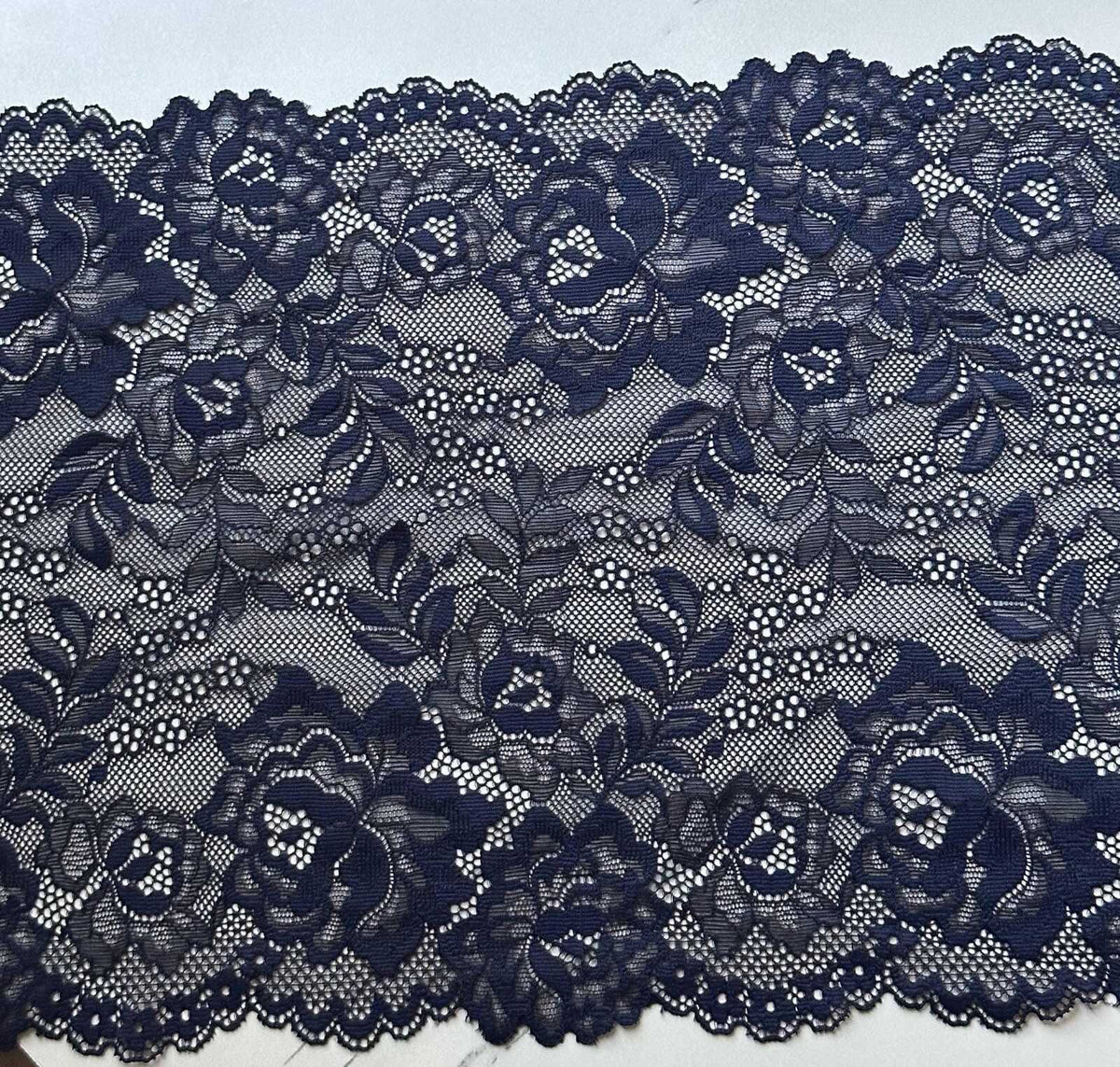 Navy Blue Floral Stretch Lace Trim by the Yard, Extra Wide Scalloped Elastic Ribbon for Lingerie Apparel, 9"