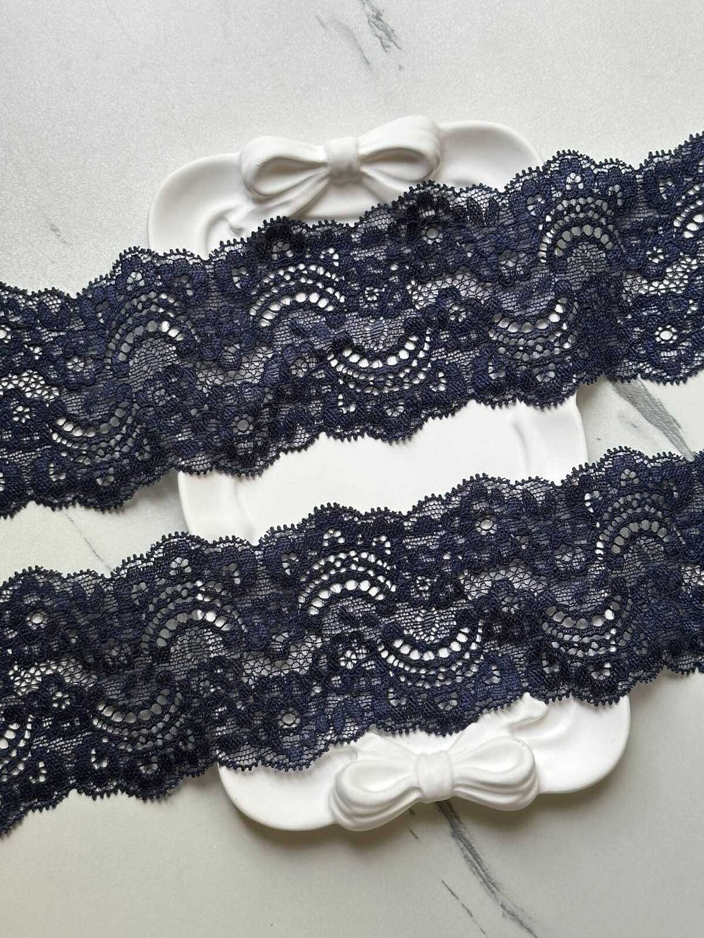 Deep Navy Blue Floral Stretch Elastic Lace Trim Symmetrical Double Scalloped Wide Galloon Ribbon for Lingerie Underwear Crafts, 2.35"