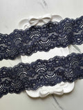 Deep Navy Blue Floral Stretch Elastic Lace Trim Symmetrical Double Scalloped Wide Galloon Ribbon for Lingerie Underwear Crafts, 2.35"