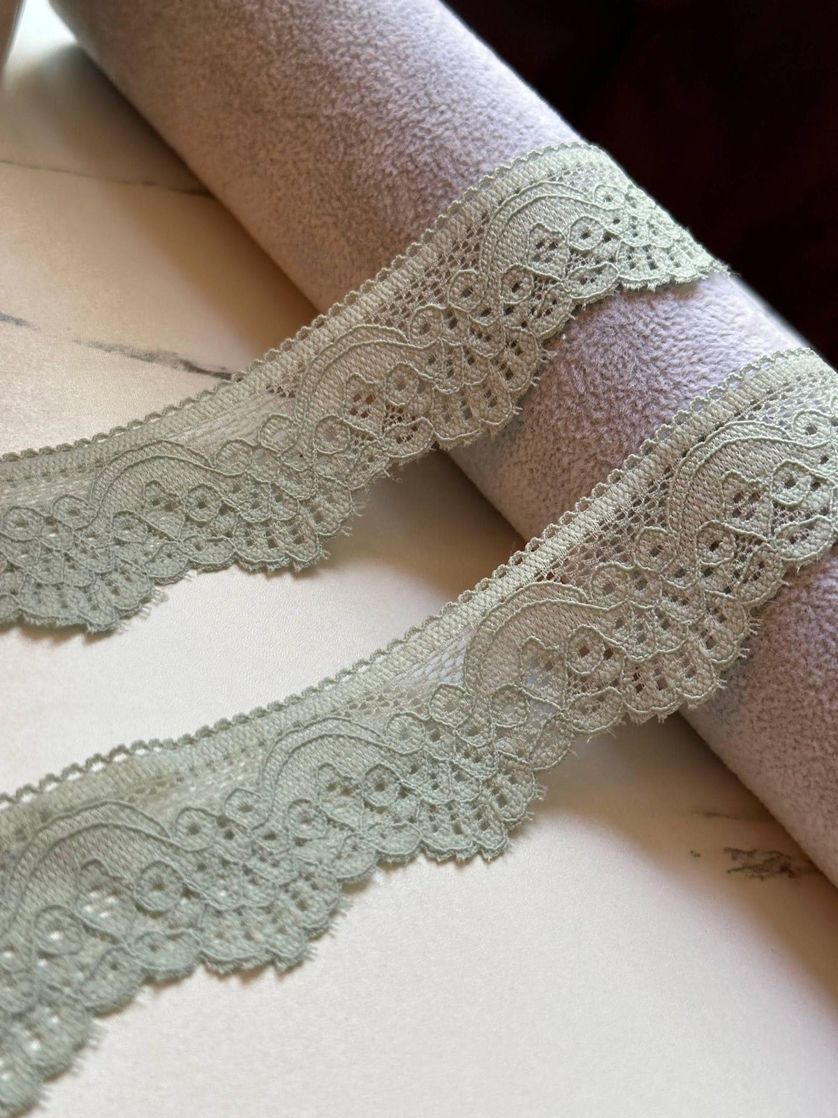 10yds Muted Sage Green Floral Stretch Lace Trim by the Yard, Narrow Scalloped Elastic Ribbon for Coquette Lingerie Crafts, 1.3"