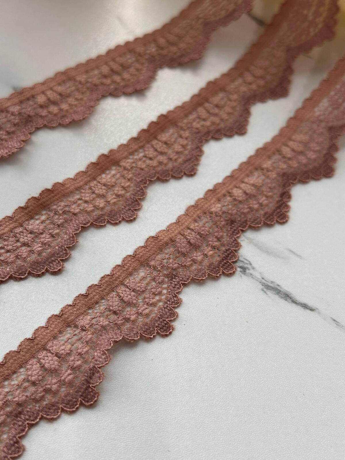 10Yds Stretch 0.8" Two Tone Brown Terracotta Scalloped Stretch Lace Trim