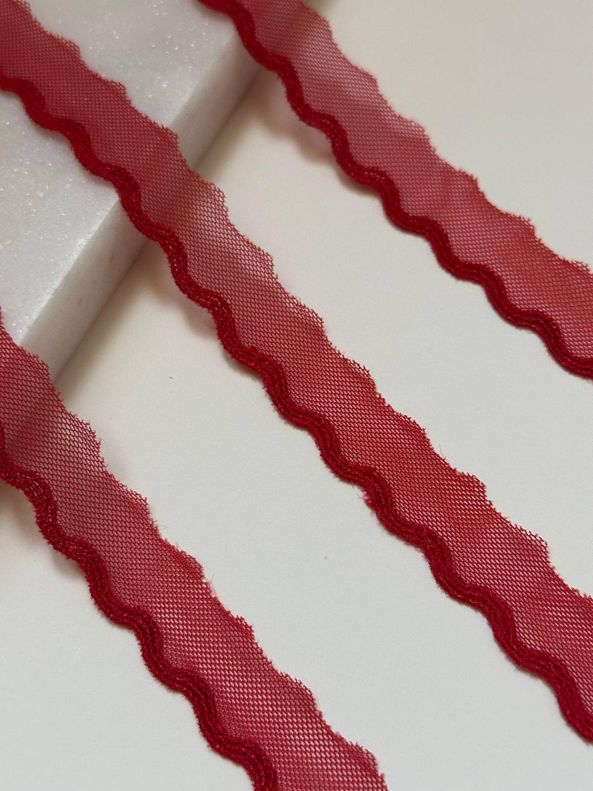 10yds Red Scalloped Mesh Lace Trim by Yard, Crescent Non Stretch Ribbon, Coquette Craft Supply, 0.6", Retail Wholesale Bulk