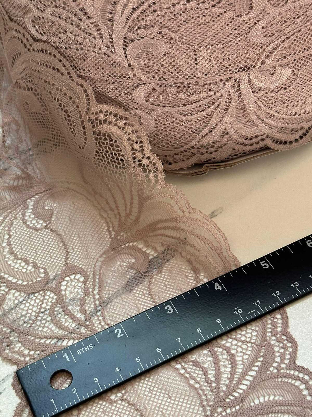 Dusty Rose Mauve Floral Wide Stretch Lace Trim by the Yard, Soft Scalloped Elastic Ribbon for Lingerie Apparel, 4.5"