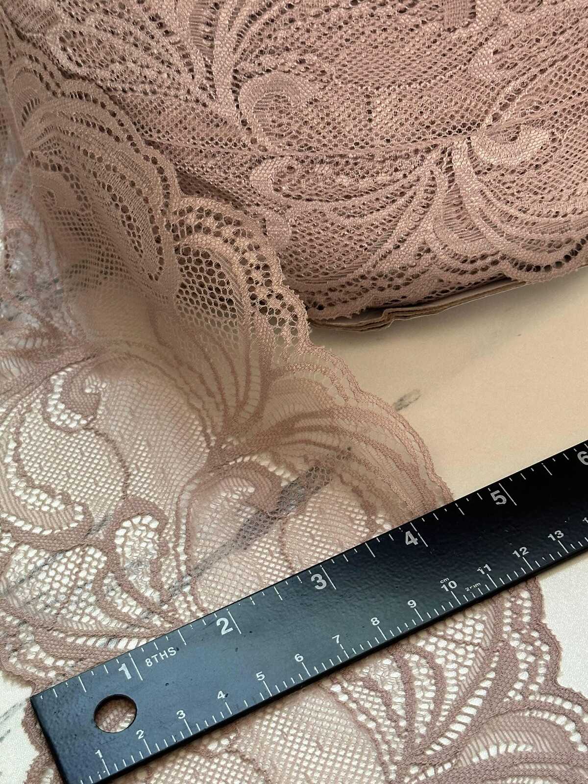 Dusty Rose Mauve Floral Wide Stretch Lace Trim by the Yard, Soft Scalloped Elastic Ribbon for Lingerie Apparel, 4.5"