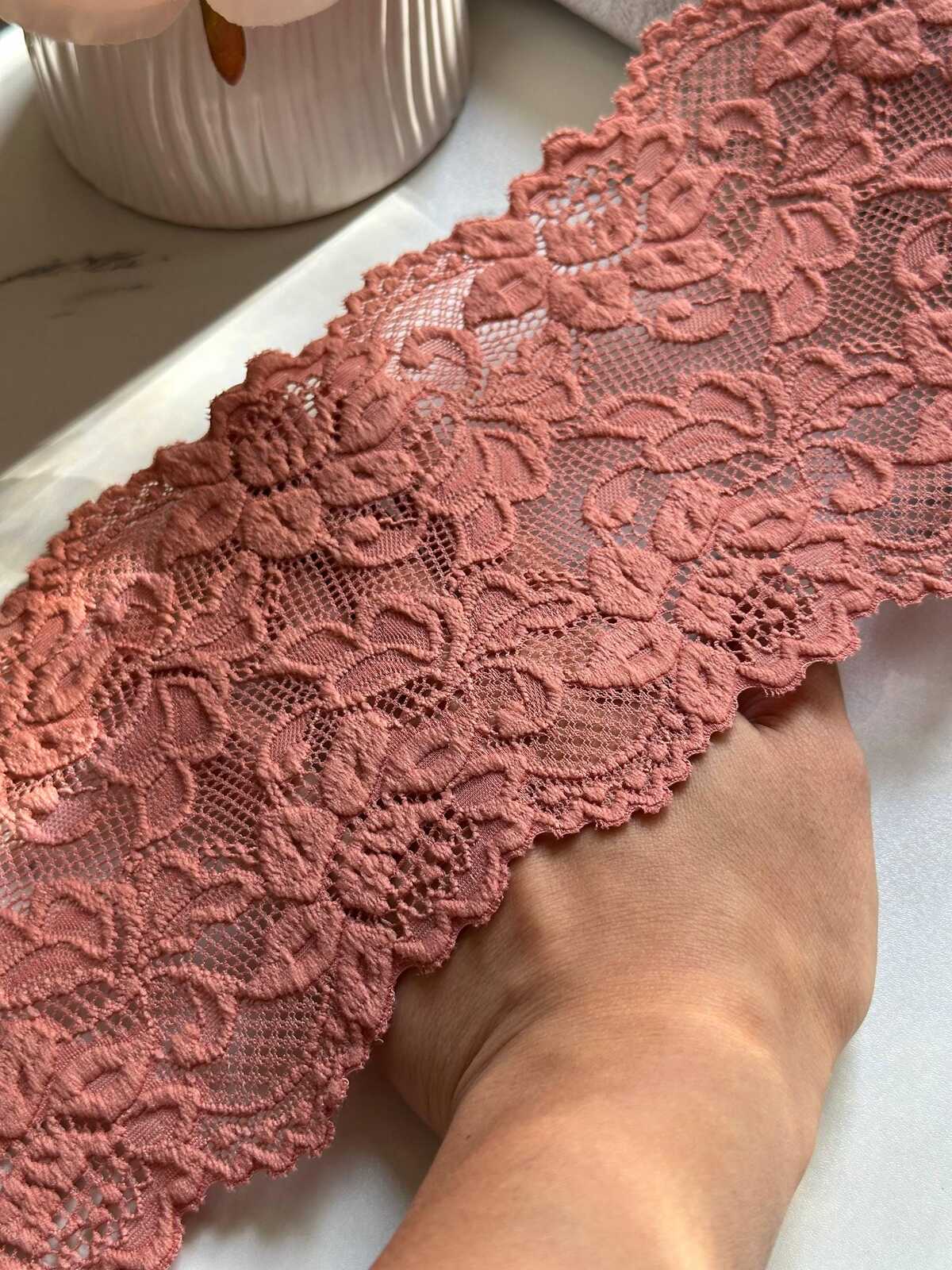 Dusty Rose Wide Lace Trim by Yard, 5" Floral Elastic Ribbon, Coquette Y2K Lace, Lingerie Lace, DIY Sewing Craft, Retail Wholesale
