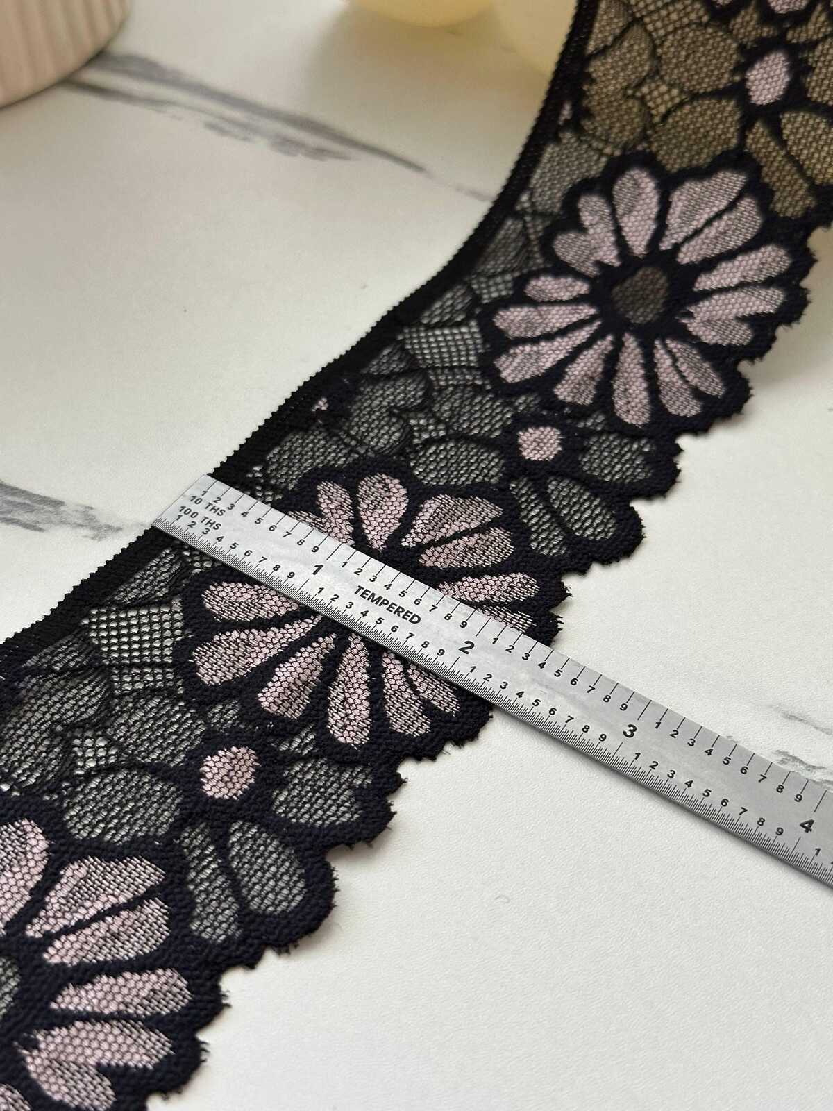 5Yds Stretch 2.3" Black Pink Daisy Floral Scalloped Stretch Lace Wholesale
