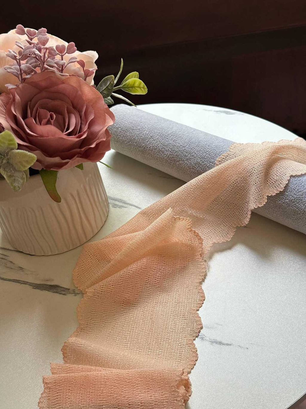 Nude Peach Stretch Mesh Lace Trim by the Yard, Wide Ribbon for Baby Headband Scrunchies Pleated Skirt, 3.5"