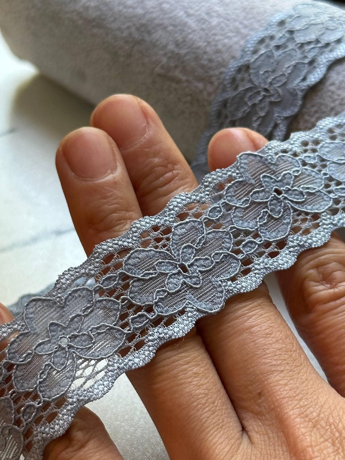 10yds  Soft Dusty Slate Blue Floral Stretch Lace Trim by the Yard, Narrow Scalloped Elastic Ribbon for Coquette Crafts, 1" Retail Wholesale