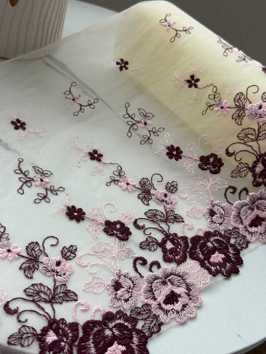 1Yd Non-Stretch 9.3" Burgundy Pink Floral Embroidered Mesh Lace Trim Wholesale