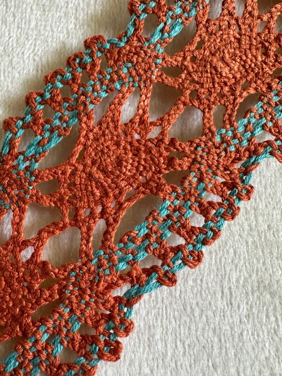 1.5" Crochet Cotton Lace Trim Rust Orange & Teal, Two Tone Geometric Non-Stretch Ribbon for Cottagecore Sewing, Boho Folk Costume  by Yard