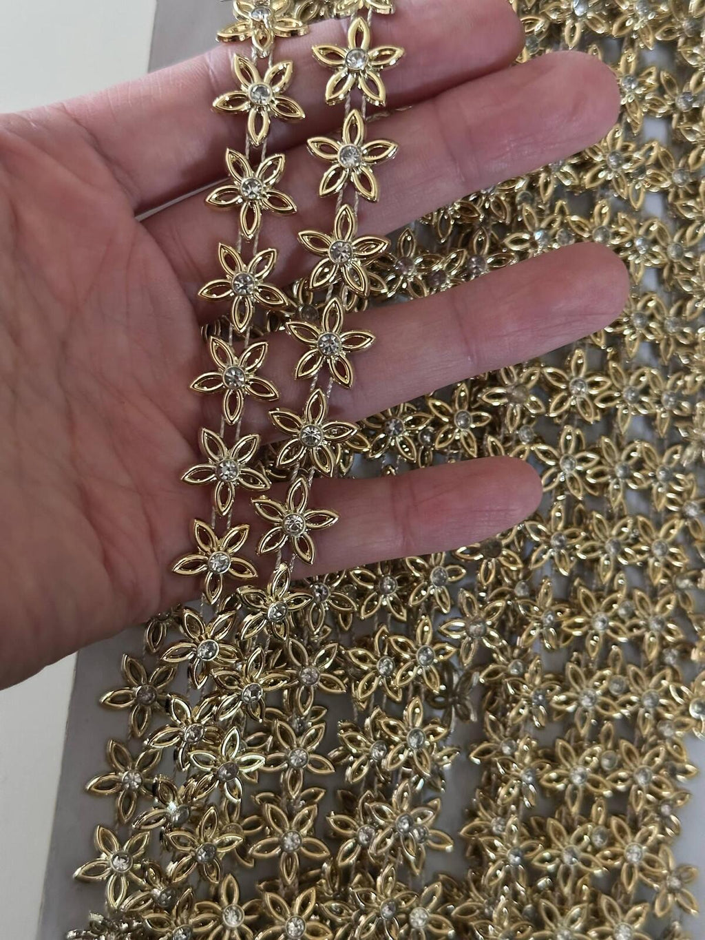 1Yd Non-Stretch 0.8" Wide Gold Metallic Flower Trim, Bulk Clearance Coquette Y2K Lace, Rhinestone Chain, DIY Sewing, Retail Wholesale