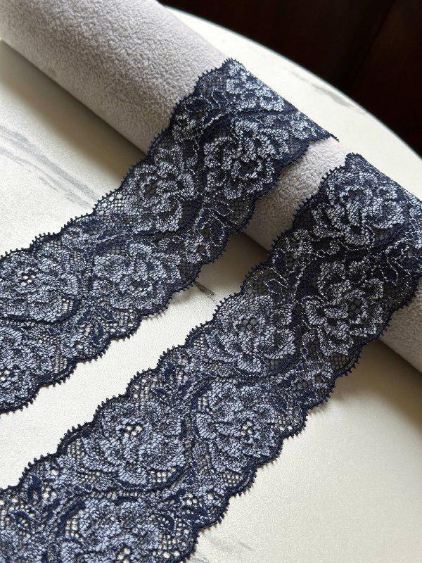 Navy Blue Floral Slight Stretch Lace Trim, 2.15" Gentle Elastic Ribbon, Lingerie Lace, Coquette Craft Supply, DIY Sewing, Retail Wholesale