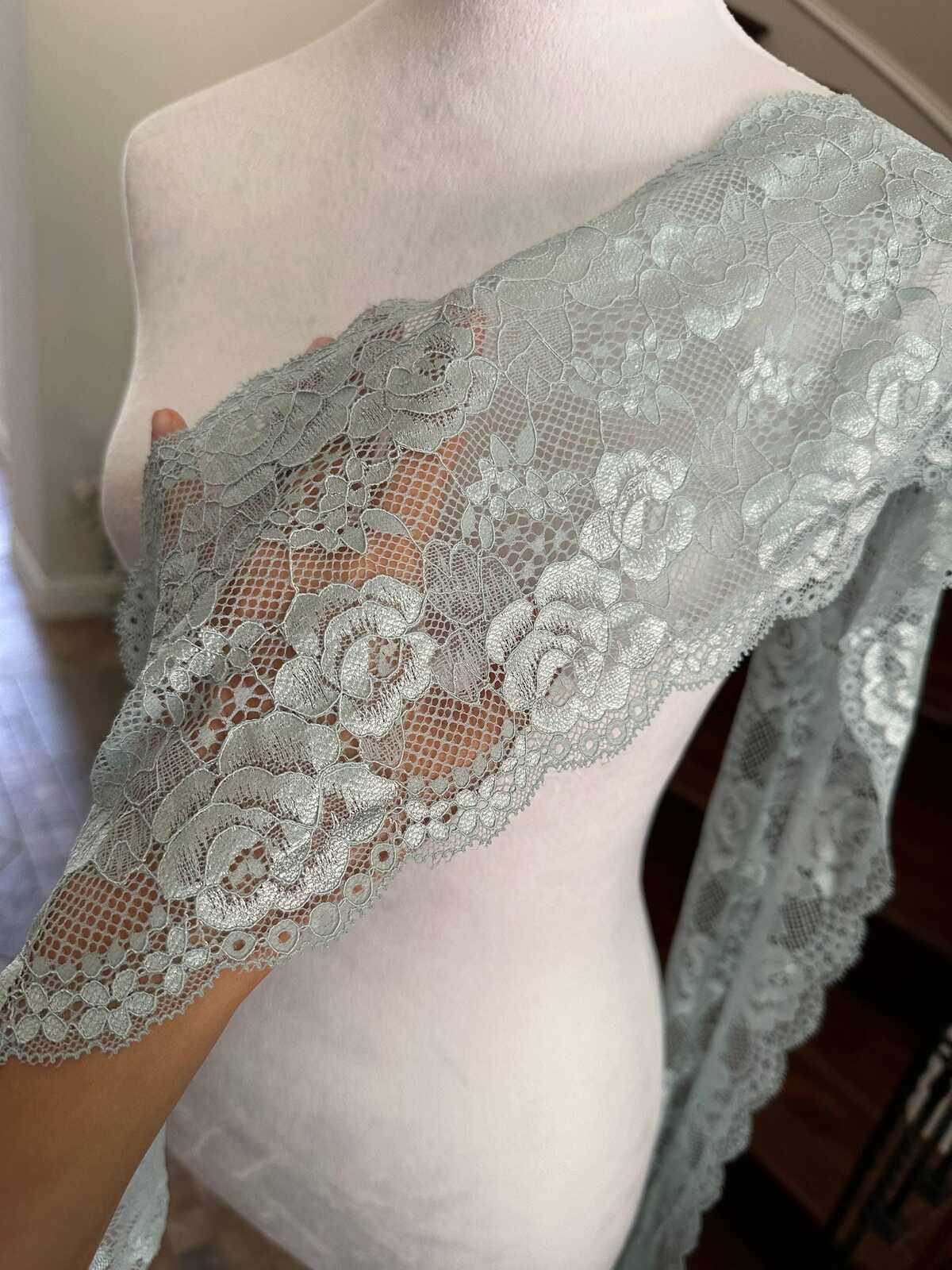 Muted Sage Dust Floral Stretch Lace Trim by the Yard, Wide Elastic Galloon Lace Trim for Lingerie Bridal Crafts, 6.5"