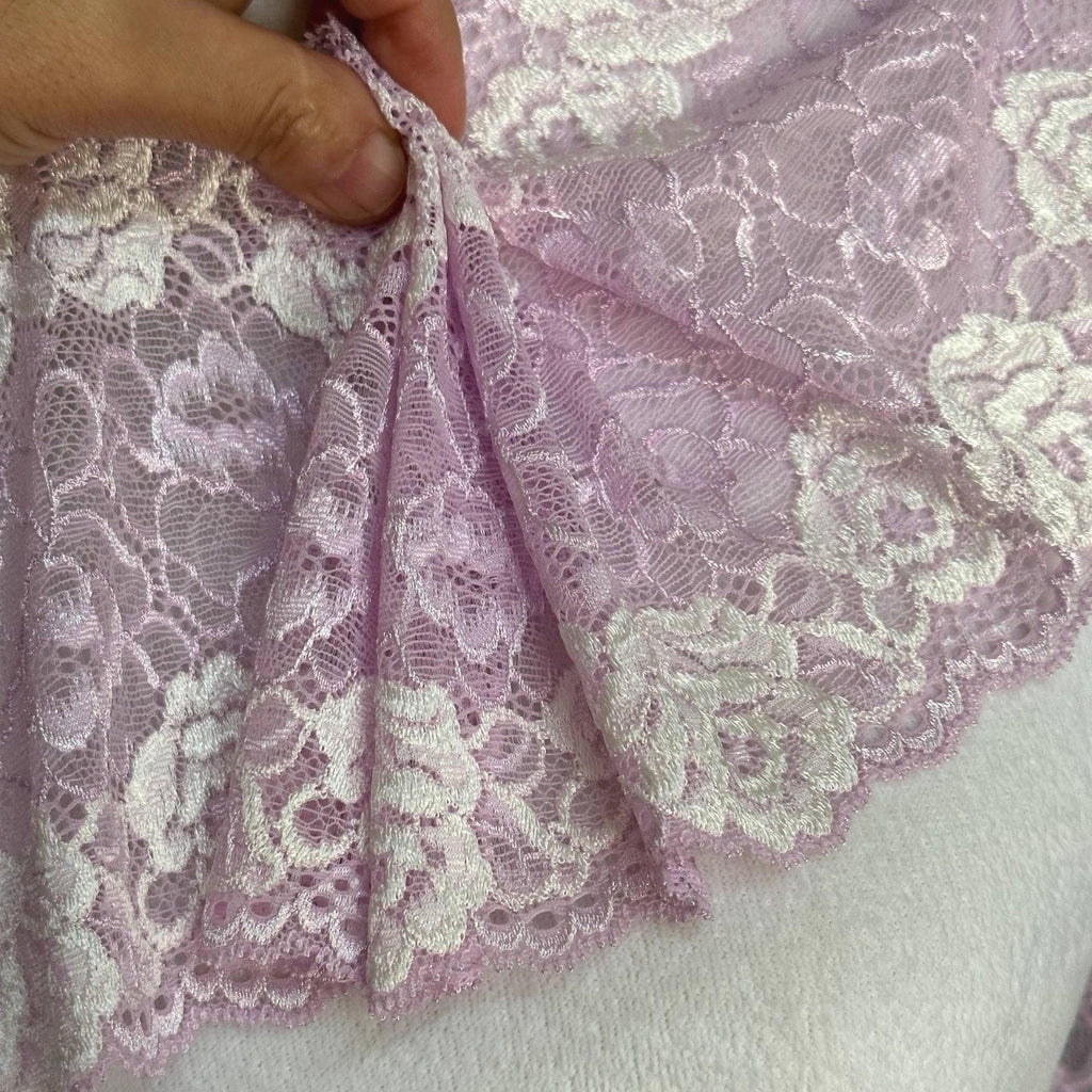 Soft Lavender Pink Two Tone Wide Floral Stretch Lace Trim by the Yard, Scalloped Elastic Ribbon, 5.7", Retail Wholesale Bulk