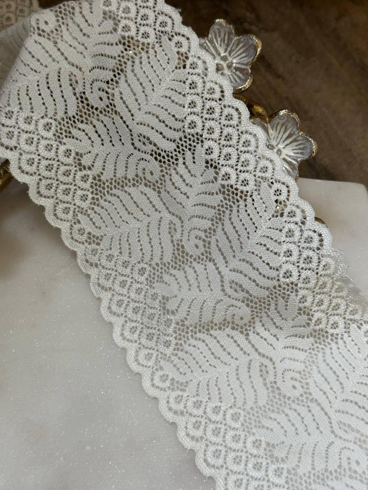 Soft Ivory Cream Tropical Leaf Fern Wide Stretch Lace Trim by the Yard, Scalloped Elastic Ribbon, 3.5", Retail Wholesale Bulk