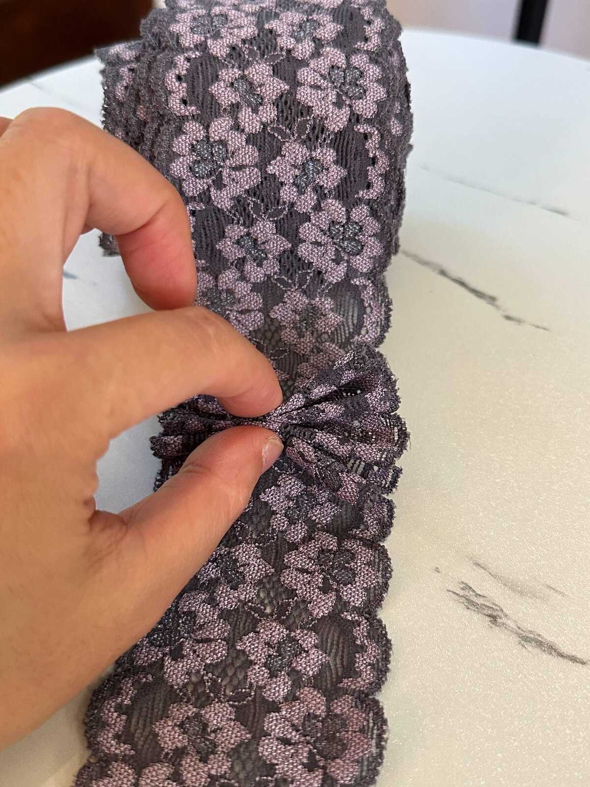 Two Tone Charcoal Black & Dusty Mauve Floral Stretch Elastic Lace Trim Symmetrical Double Scalloped Galloon Ribbon for Lingerie Crafts 2.25"