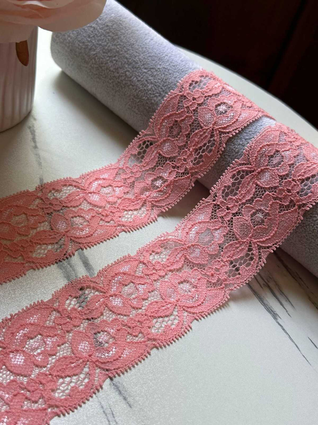 10yds Soft Peach Coral Pink Floral Stretch Lace Trim by the Yard, Scalloped Elastic Ribbon for Coquette Crafts, 2", Retail Wholesale Bulk