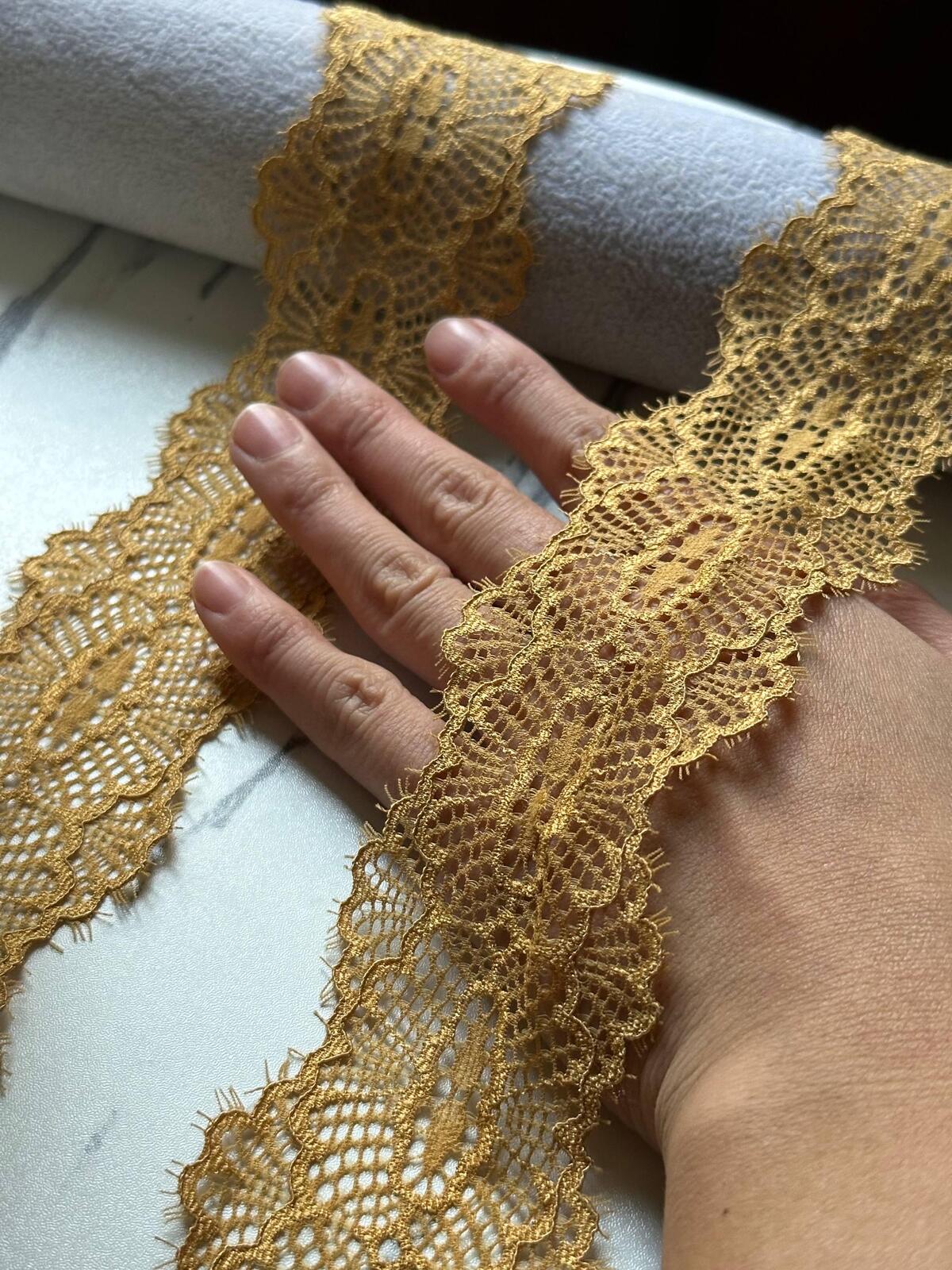 Gold Eyelash Lace Trim, 2" Eyed Stretch Ribbon, Bulk Clearance Coquette Y2K Lace, Lingerie Lace, DIY Sewing, Retail Wholesale