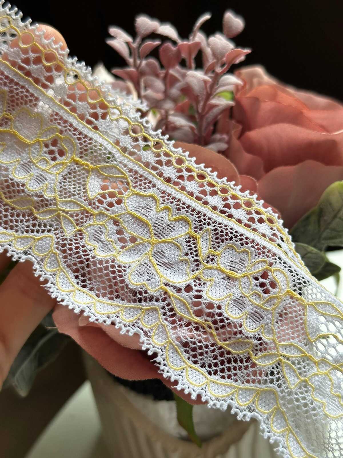 Two Tone White Yellow Floral Corded Stretch Lace Trim by Yard, Scalloped Elastic Ribbon for Crafts, 2.35", Retail Wholesale Bulk